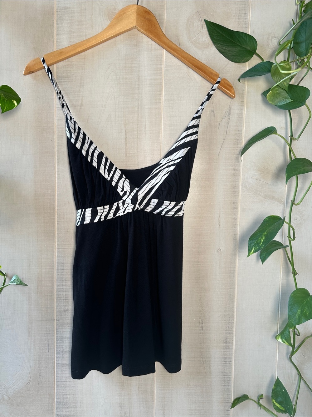 bebe Black Tank with White Zebra-Stripe Trim